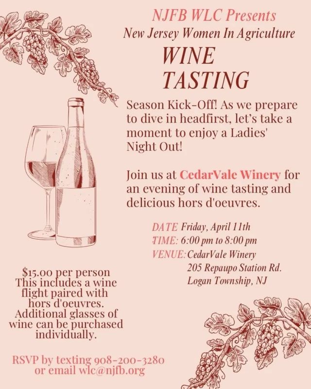 Come out tomorrow evening for a Group of Women in Agriculture!  @newjerseyfarmbureau #njfb #newjerseyfarmbureau #womeninagriculture #cedarvalewinery #njfarm