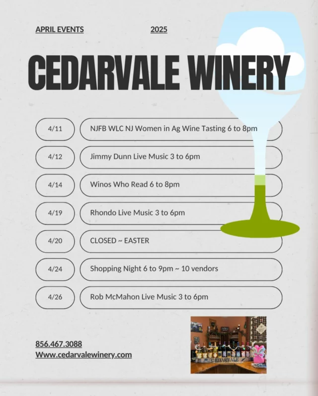 Here is a list of events for the next few weeks!  #njwinery #mustlovewine🍷 #aprilvibes #njisntboring #justatasteaway #logantownshipnj #gloucestercountynj #cedarvalewinery #botiquewinery