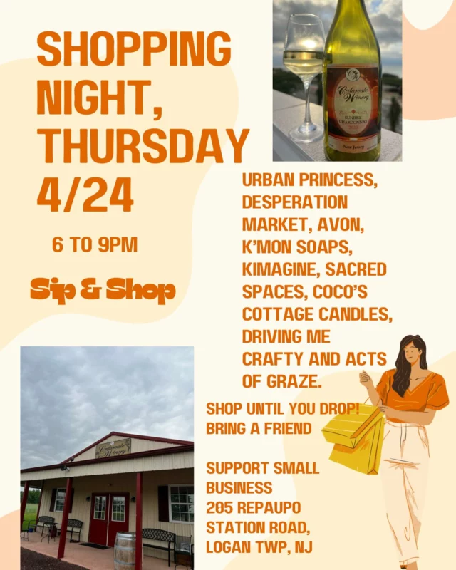 This Thursday Night 6 to 9pm!! It’s one of our favorite events with Amazing Vendors!!!
@drivingmecrafty @urban_princess_boutique @cocos_candles_ @kmonkrafts @actsofgraze @kimaginedesigns 

#shopping #winewinewine #sipandshopevent #springshoppingevent2025 #njwine #gloucestercountynj  #njvineyard