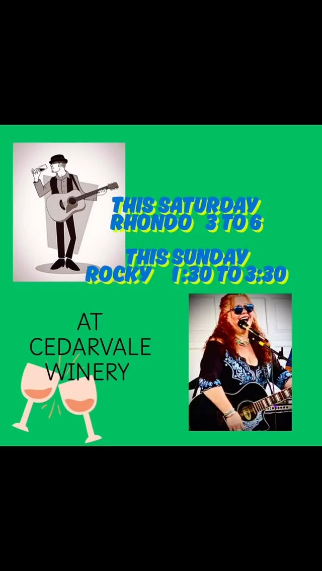 This Weekend!!!
Saturday we have Rhondo 3 to 6pm🎶

Sunday we have Rocky D from 1:30 to 3:30 🎸

That’s Right!!! Music Saturday & Sunday!!! 🍷🎶🎸
#njwinery 
#winetime 
#cedarvalewinery 
#justatasteaway 
#logantownshipnj 
#njwine 
#gaventagrapes 
#yesplease 
#yesplease