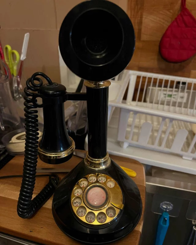So, during our electricity outage last week.  Our phone landline at work died.  I sent Ed home to get an old phone.  I keep one for emergencies.  This is what he brought back to me!!
Yes, it is a rotary phone!!!📞 
It was given to us as a wedding gift over 36 years ago!!

It rang, I didn’t know what the noise was 😂
#oldschoolphone 
#nowineedwine
#onlymyhusband 
#newphoneontheway 
#familybusiness❤️ 
#yagottalaugh