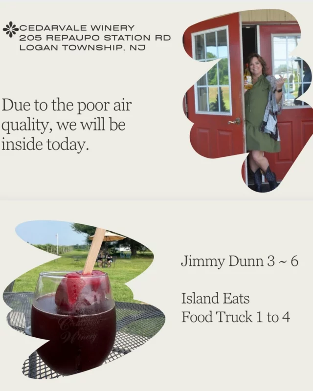 Due to poor air quality, we will be inside today.

We have Jimmy Dunn 3 to 6 ~live music 🍷🎊

Island Eats Food Truck ~ 1 to 4pm

Any questions?

Need to reserve a table?

#fathersdayweekend
#winetime 
#LetsEat
#musicsoothsthesoul