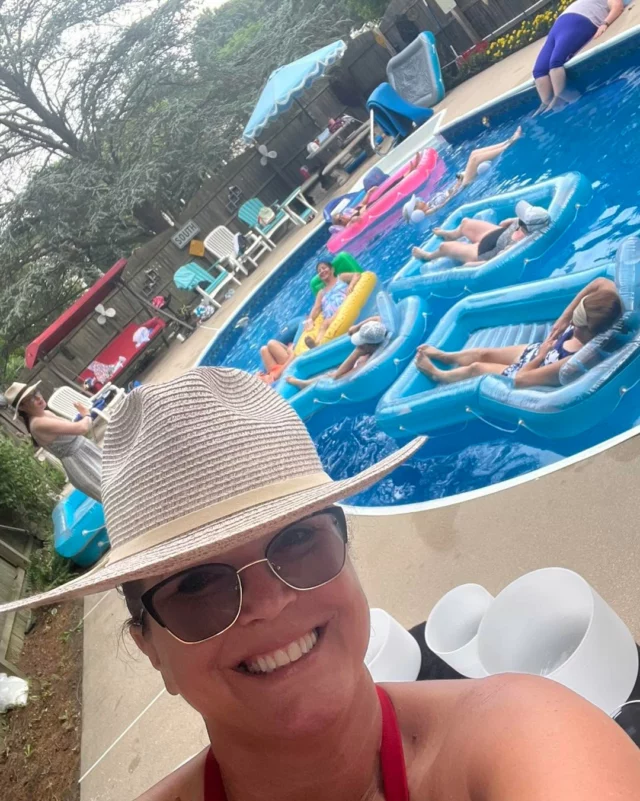 This morning we had our crystal sound bath in a pool!! 
We offer this once a month at Cedarvale Winery.  If you haven’t tried it yet, I highly recommend!
#winenot🍷 
#meditation  #southjerseyadventures